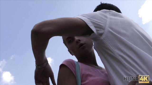 Hot ebony teen in pink top gets close to stranger outdoors for cash sex