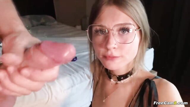 Nerdy petite babe with glasses sucks dick closeup