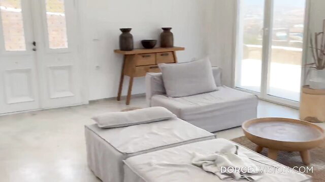 adult content, models relaxing in a minimalist white room