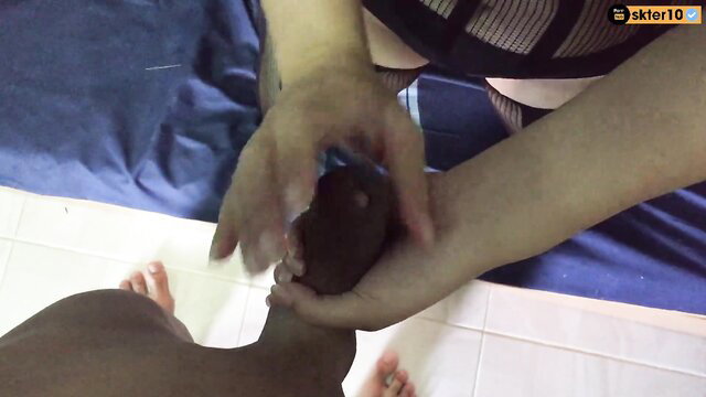 Thai teen college girl handjob on big black cock amateur