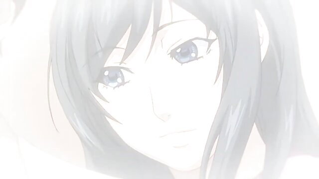 Closeup of seductive anime girl with blue eyes and long dark hair