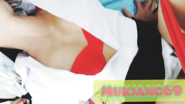 Thai techno girl in red bra and lingerie, teasing cleavage