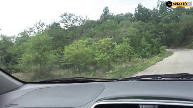 Thai amateur public car blowjob POV on winding road