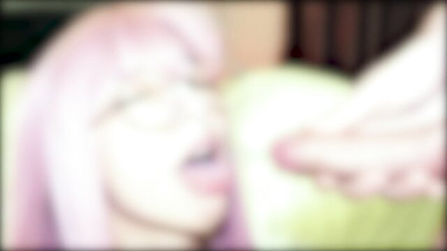 Blurry pink-haired maid watches huge cock flash and jerks in hotel