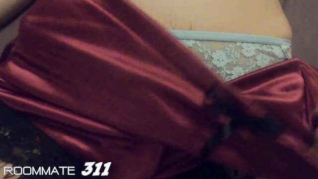 Thai teen in red satin lingerie and lace bra closeup