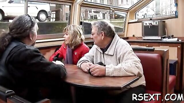 Blonde MILF Kylie chats with older men on boat before cumming