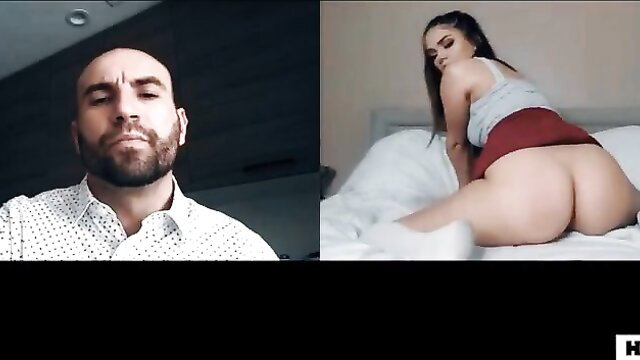Athena Faris big ass in thong on bed, stepdad watches webcam
