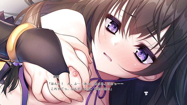 Japanese anime girl with purple eyes groping huge tits closeup