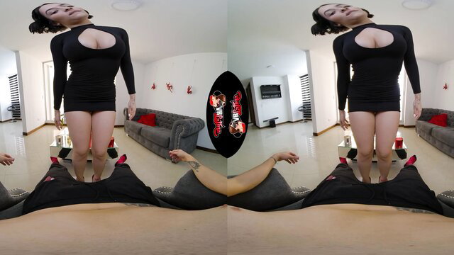 Bianc4 stands over cock in tight black mini dress, VR POV foot tease