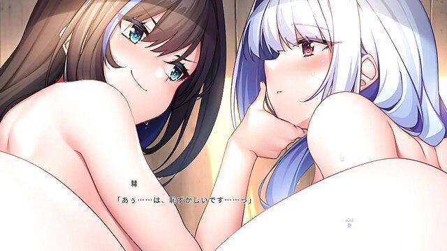 Two busty anime girls with brown and silver hair nude in bed, smiling seductively