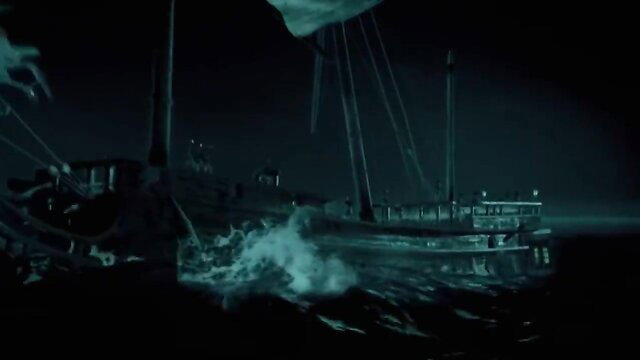 Pirates II adult parody shipwreck scene with ghostly sails at sea