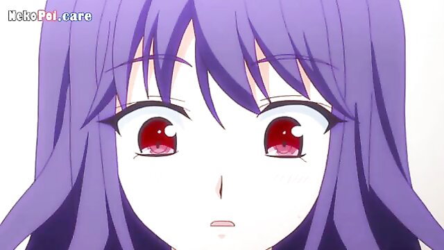 Purple-haired anime girl with red eyes, close-up surprised face from Mama Katsu JAV