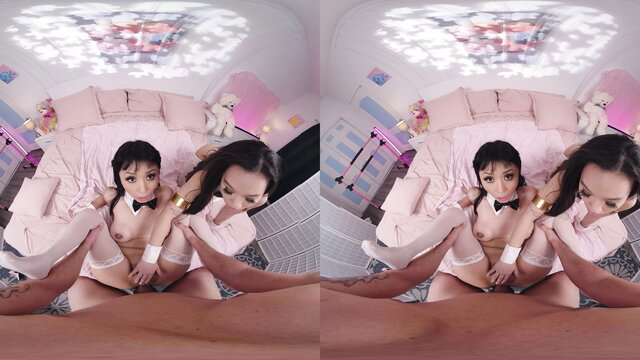 Two sexy Asian bunny girls in lingerie double team cock POV anal