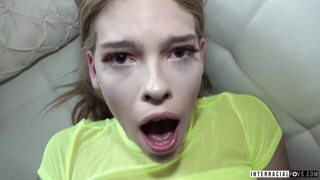 Leah Lee wide-eyed in yellow sheer top, first IR POV closeup