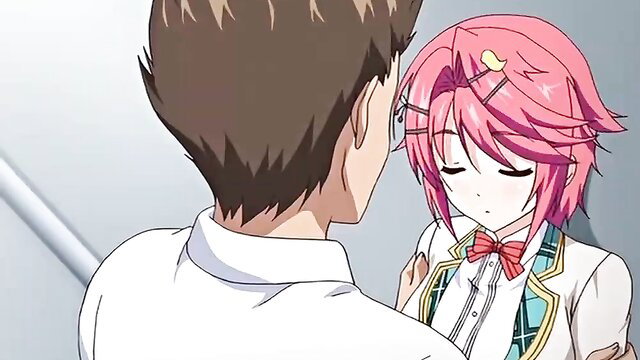 Pink-haired anime schoolgirl hugs teacher from behind in hentai