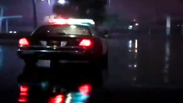 Lezdom police car punishment at night in rain, wet streets and flashing lights
