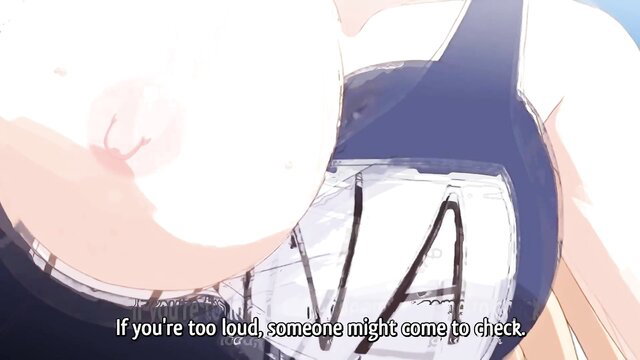 Anime girl in white top teases with exposed breasts and pussy, hentai warning text