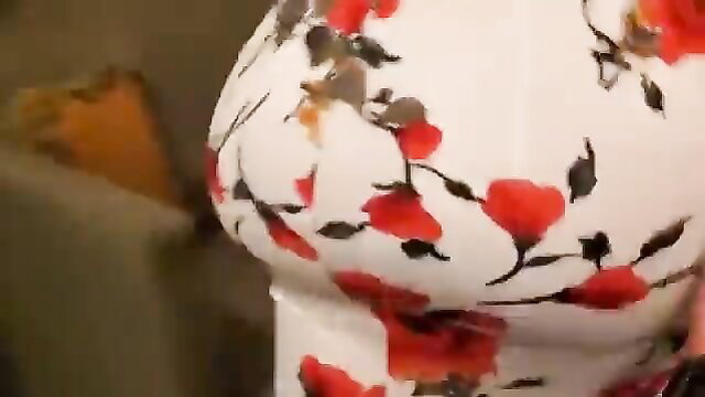 Busty MILF in floral dress bent over for morning kitchen doggy fuck