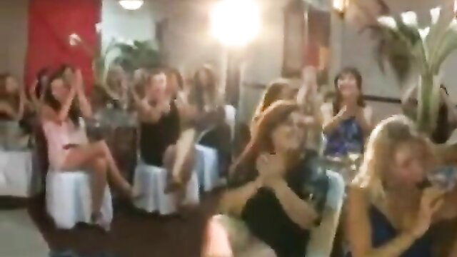 Busty women cheering in wild blowjob orgy party