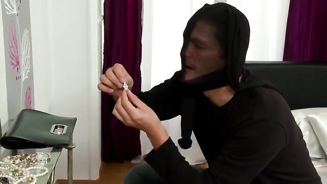 Maserati in burglar mask holds ring, huge black tits tease