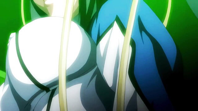 Busty anime girls in tight white bodysuits, green highlights, Kangoku Senkan JAV hentai