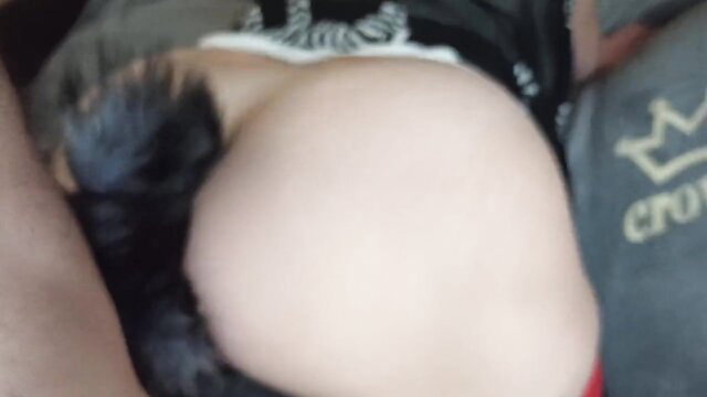 Housewife butt plug tail upskirt, juicy ass exposed in seduction scene