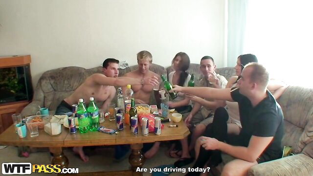 EU teens big orgy swap party with topless guys clinking beers