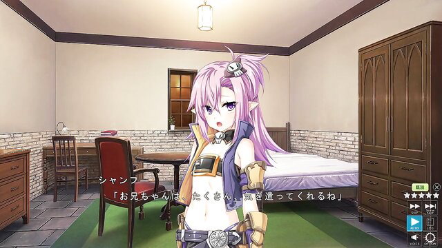 Purple-haired anime JAV girl in skimpy armor and choker posing seductively
