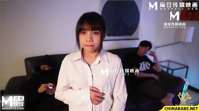 Asian babe in white blouse with masked man on couch, JAV thumbnail