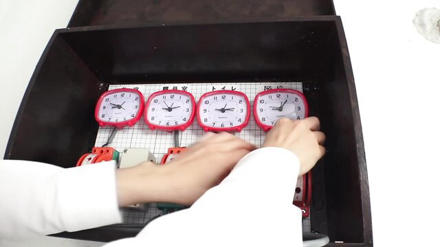 Time stop JAV classroom clocks bomb box tease with hands