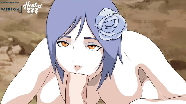 Naruto Konan hentai POV blowjob, nude blue-haired beauty with rose