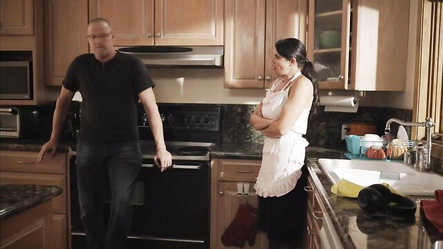 Penny Barber busty stepmom in apron arms crossed kitchen tease