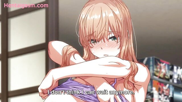 Blonde hentai girl in purple lingerie can't wait, arms crossed over huge tits