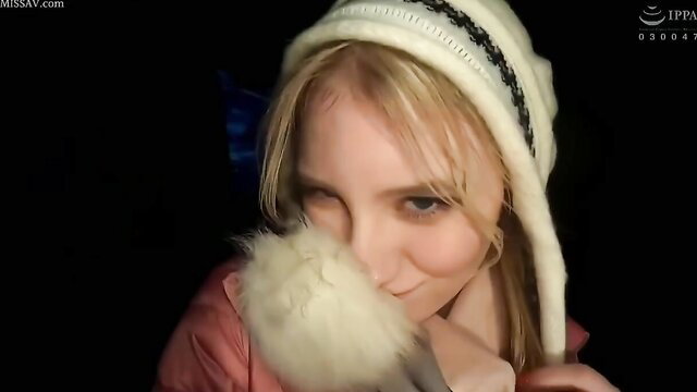 Cute 20yo Melody Hina Marks in fluffy white hat, seductive smile peeking