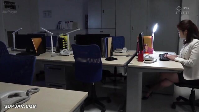 Asian office lady in white blouse typing at desk late night JAV