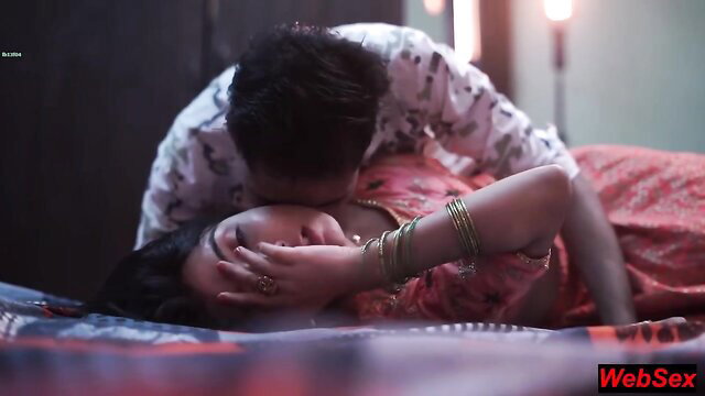 Indian beauty in red saree passionately kissed by lover in hot Diwali sex scene