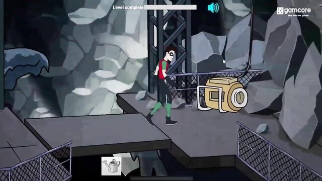 Dickboy Robin in green suit on platform after level complete