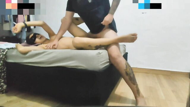 Hot neighbor blindfolded on bed, guy gropes her nude body eagerly