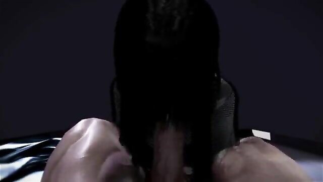 Devil blowjob closeup: black-haired woman deepthroating cock POV