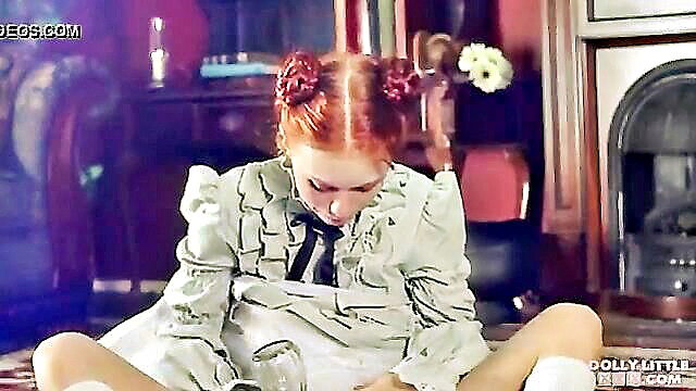 Dolly Little redhead teen stuffs vase in shaved pussy closeup