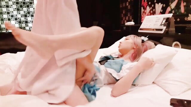 Japanese idol Mayuka French maid cosplay, lifted skirt exposing pussy on bed