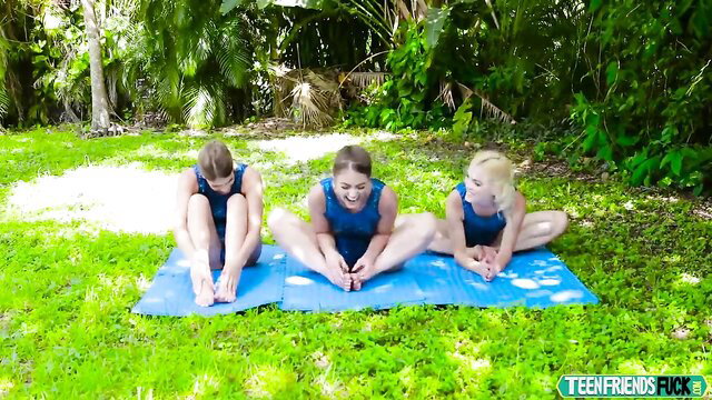 Kenzie Madison, Katie Kush, Lea Lee in yoga poses outdoors, gymnasdick training