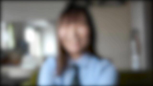 Blurred amateur H-cup Asian gravure idol in blue shirt, POV tease