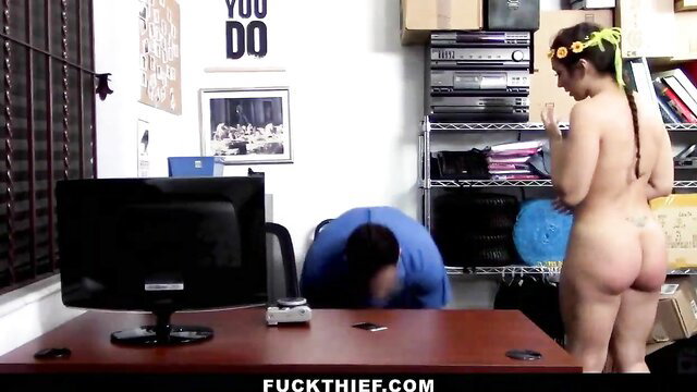 Nude busty Lilly Hall bent over desk for officer in shoplift fuck