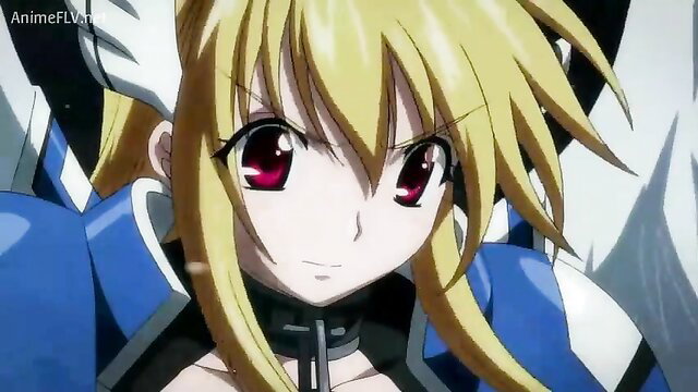 Blonde anime girl with red eyes in blue latex collar and wings, JAV cosplay slave