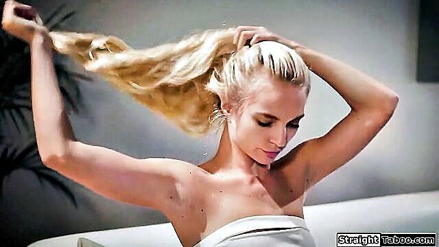 Lana Sharapova blonde teen in towel, long hair ponytail, bare shoulders