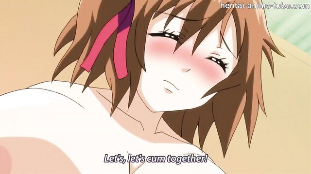 Cute anime hentai girl with brown hair begs 'Let's cum together!' in ecstasy