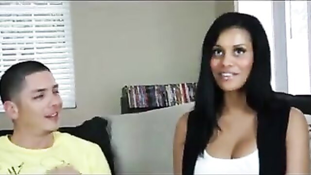 Mary Jean busty ebony with young guy on couch interview