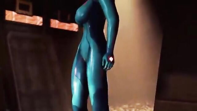 Samus Aran in shiny blue latex bodysuit, sexy side pose from Metroid hentai