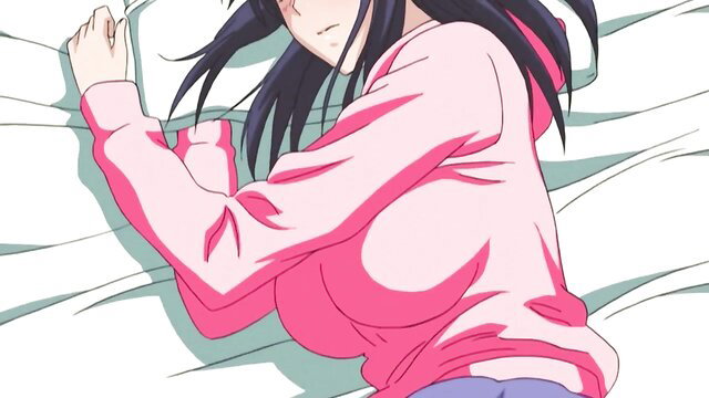 Black-haired anime hentai girl in pink hoodie and tight shorts on bed